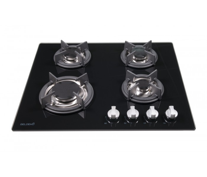 Table de cuisson gaz - BELDEKO BTG4Z-F01VNO, plaque de cuisson gaz en verre noir, bruleurs en fonte. Encastrable