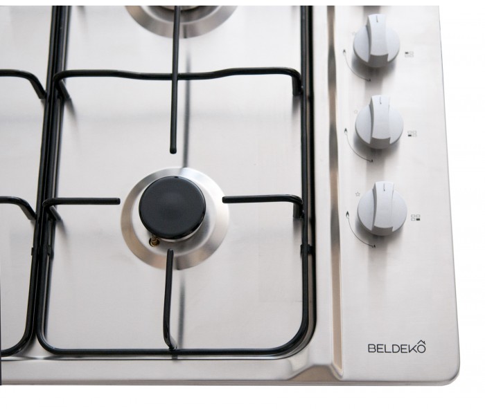 Table de cuisson gaz - BELDEKO BTG4Z-E01IX. Plaque de cuisson en inox, 4 feux. Encastrable. Dimensions d'encastrement.