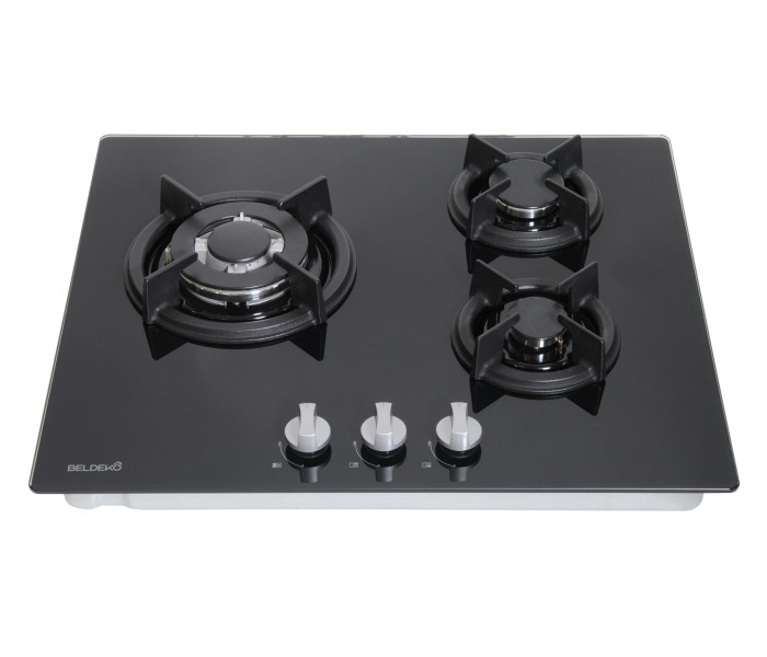 Table de cuisson gaz - BELDEKO TG3V-115, plaque de cuisson gaz en verre noir, brûleurs en fonte. Encastrable.