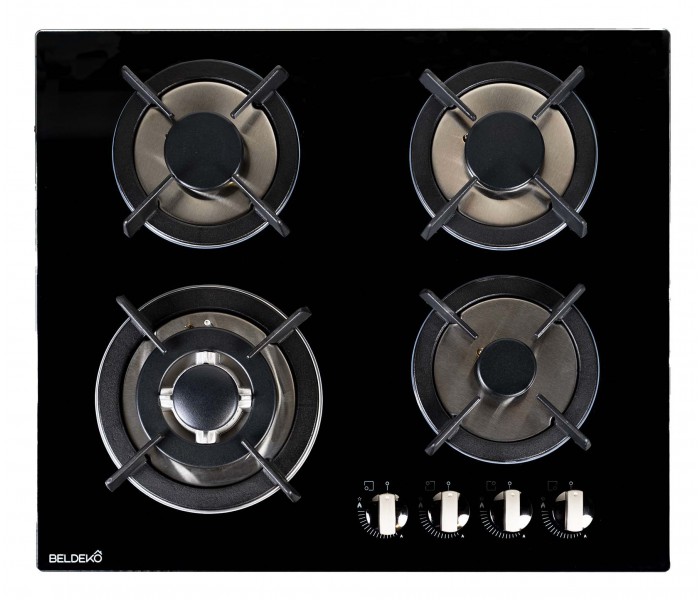 Plaque gaz 4 foyers verre noir encastrable, double couronne, fonte