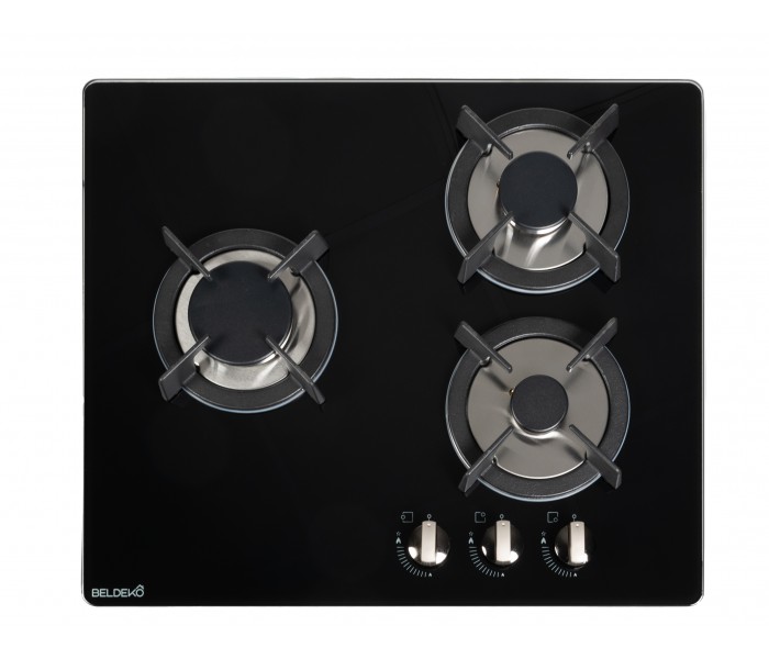 Plaque de cuisson, gaz 3 feux, 3 foyers, verre, noir, double couronne