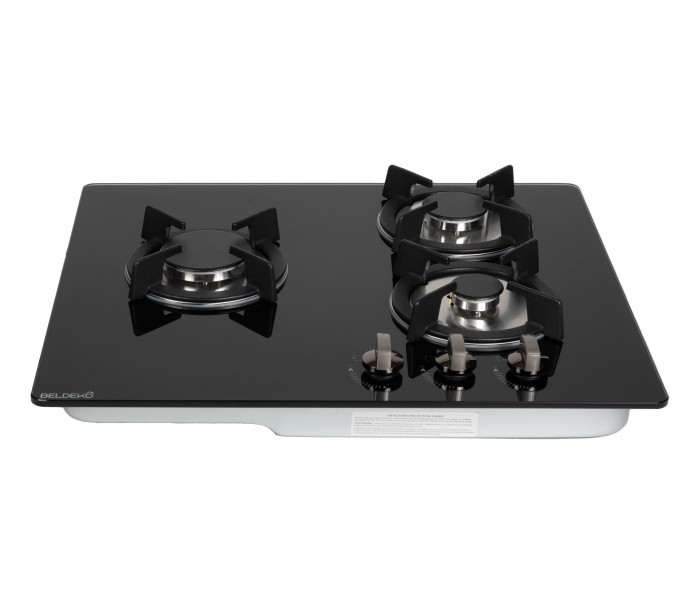 Plaque de cuisson, gaz 3 feux, 3 foyers, verre, noir, double couronne