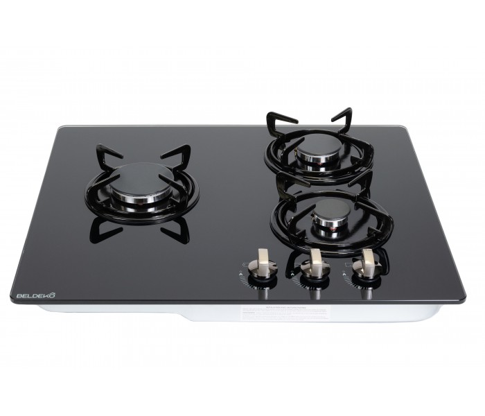 Plaque gaz, encastrable, 3 feux, 3 foyers, verre noir, fonte