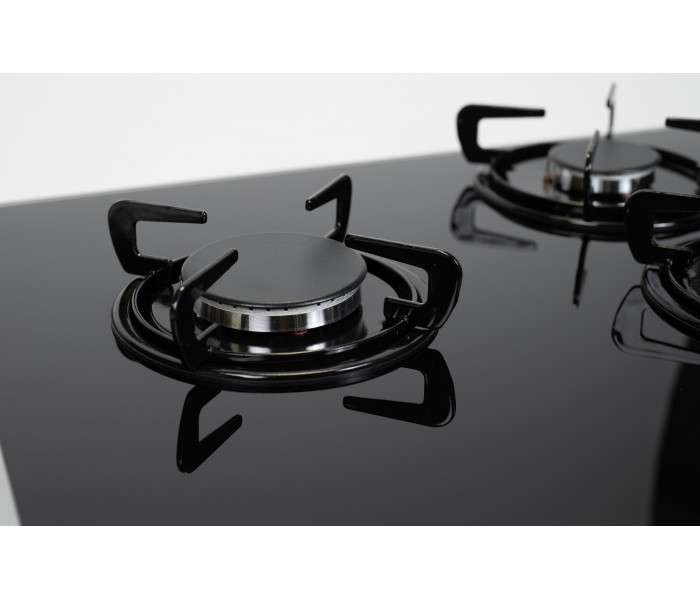 Plaque gaz, encastrable, 3 feux, 3 foyers, verre noir, fonte