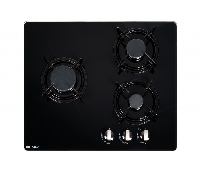 Plaque gaz, encastrable, 3 feux, 3 foyers, verre noir, fonte