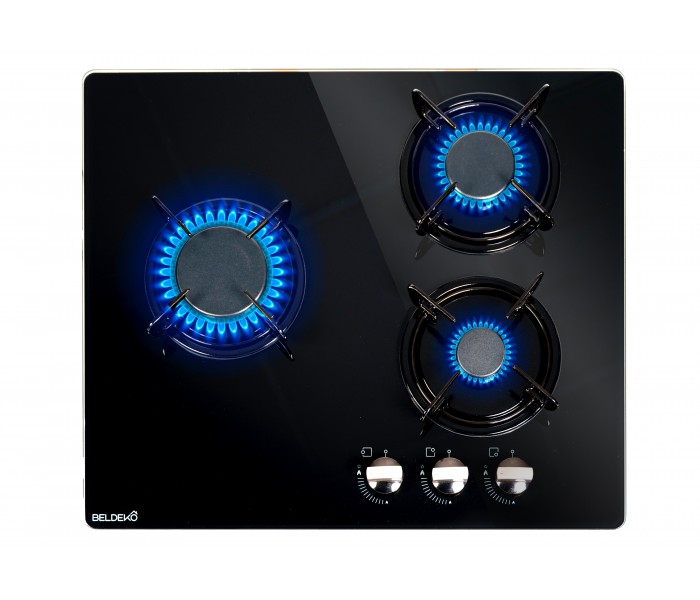Plaque gaz, encastrable, 3 feux, 3 foyers, verre noir, fonte