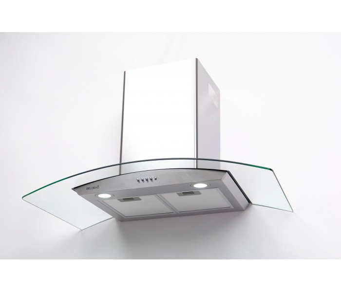 Hotte décorative mural galbé verre et inox, 90 cm, verre rond, arrondie,