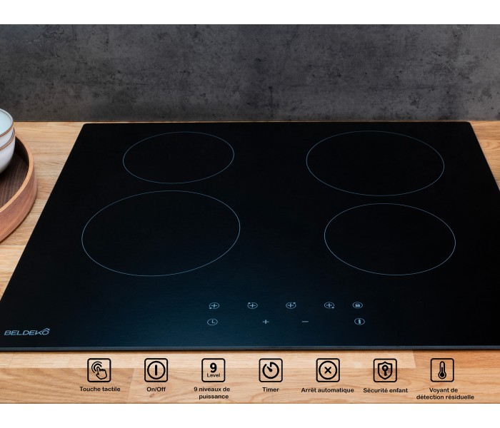 Table de cuisson vitrocéramique 4 foyers encastrable, avec minuteur