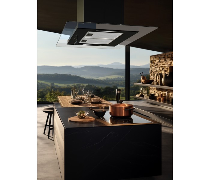 Hotte îlot noir verre 90 cm, puissante. Hotte de cuisine centrale.