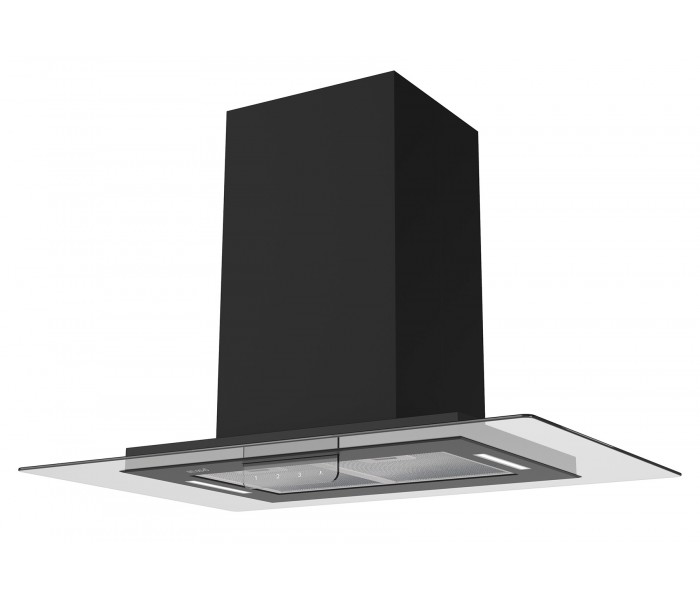Hotte îlot noir verre 90 cm, puissante. Hotte de cuisine centrale.