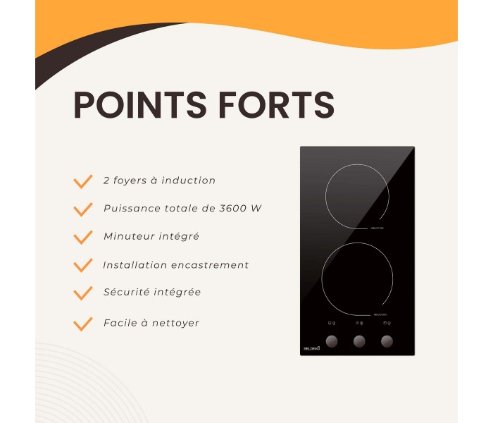 Domino induction encastrable 2 feux avec boutons manette, minuteur