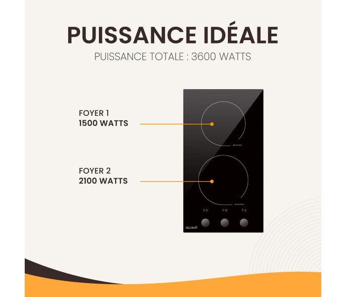 Domino induction encastrable 2 feux avec boutons manette, minuteur