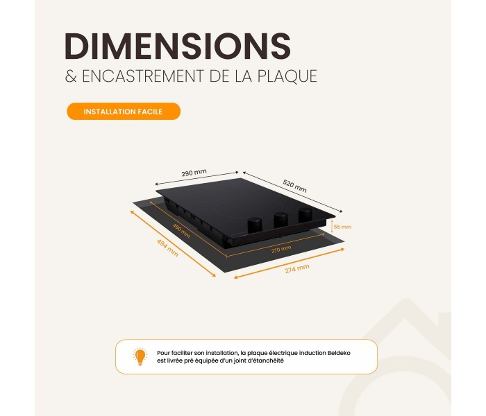 Domino induction encastrable 2 feux avec boutons manette, minuteur