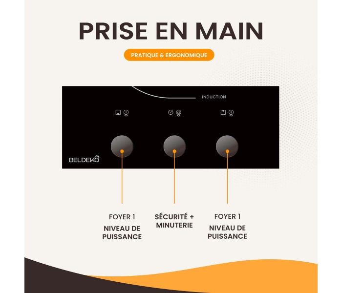 Domino induction encastrable 2 feux avec boutons manette, minuteur