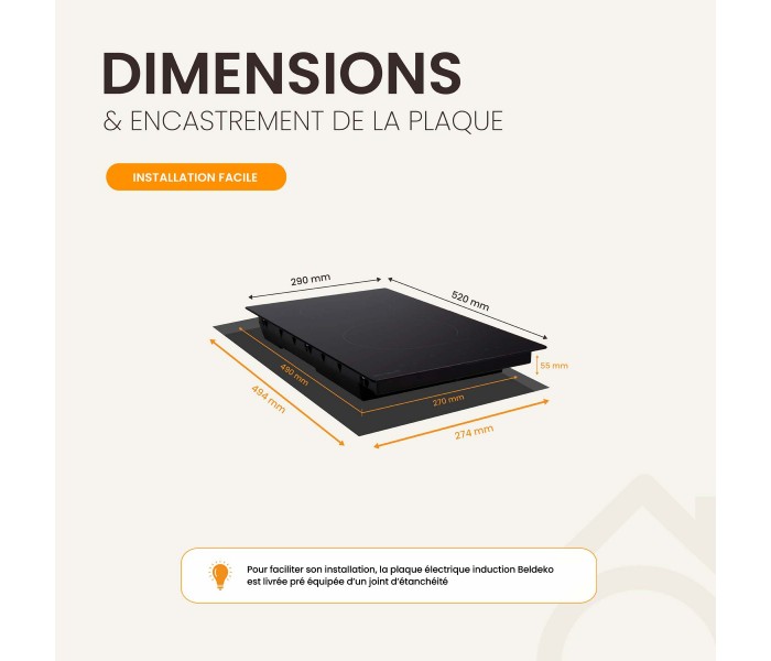 Plaque de cuisson à induction Domino encastrable - 2 foyers, 3600 W + 2 boosters pour une performance compacte