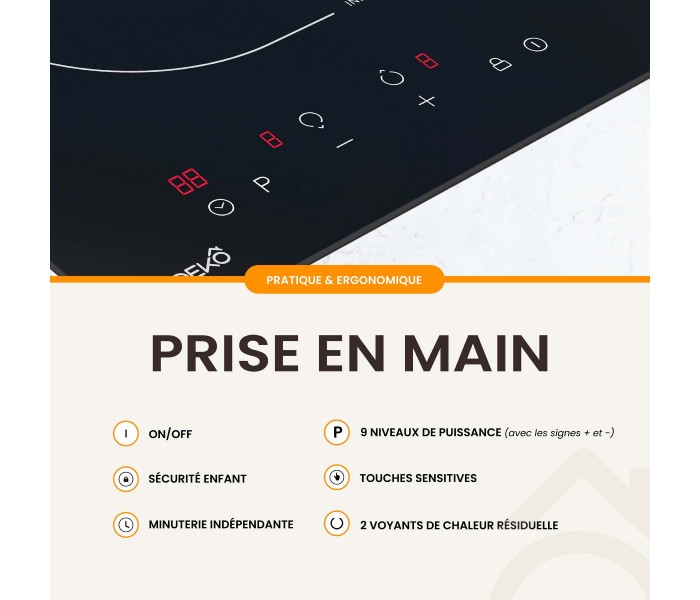 Plaque de cuisson à induction Domino encastrable - 2 foyers, 3600 W + 2 boosters pour une performance compacte