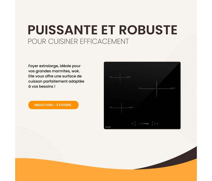 Plaque induction, table induction, 3 feux, 3 foyers, 3 zones, encastrable, slider, puissante, beldeko, minuteur