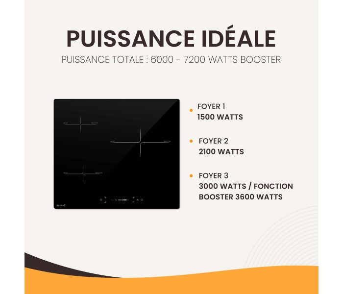 Plaque induction, table induction, 3 feux, 3 foyers, 3 zones, encastrable, slider, puissante, beldeko, minuteur