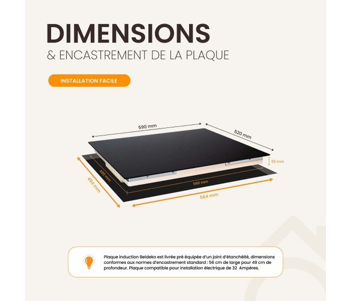 Plaque induction, table induction, 3 feux, 3 foyers, 3 zones, encastrable, slider, puissante, beldeko, minuteur