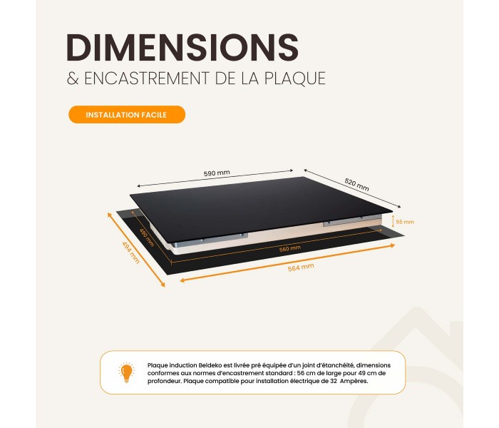 Plaque induction 3 feux, 3 foyers, encastrable, booster, puissante, beldeko, silencieuse