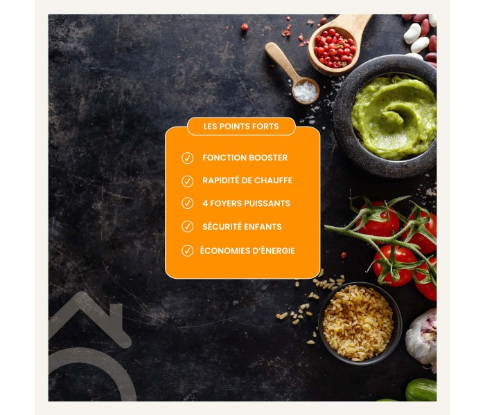 plaque induction, 4 feux, 4 foyers, 4 zones, encastrable, booster, silencieuse, puissante, francaise, beldeko