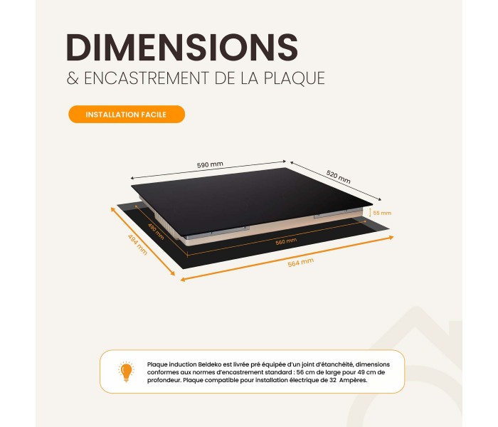 plaque induction, 4 feux, 4 foyers, 4 zones, encastrable, booster, silencieuse, puissante, francaise, beldeko