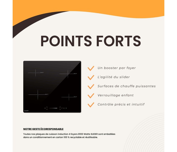 Table de cuisson 4 feux, plaque induction 4 foyers, plaque induction, induction avec Slider 8100W