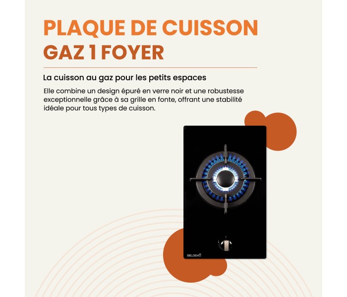 Plaque gaz 1 foyer, plaque gaz 1 feux, encastrable, verre noir, fonte, beldeko