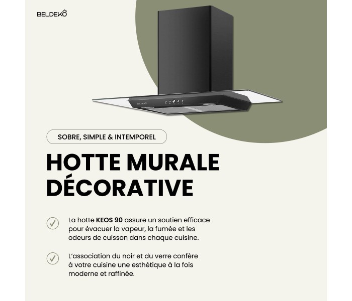 Hotte décorative noir verre design 90cm, hotte plate