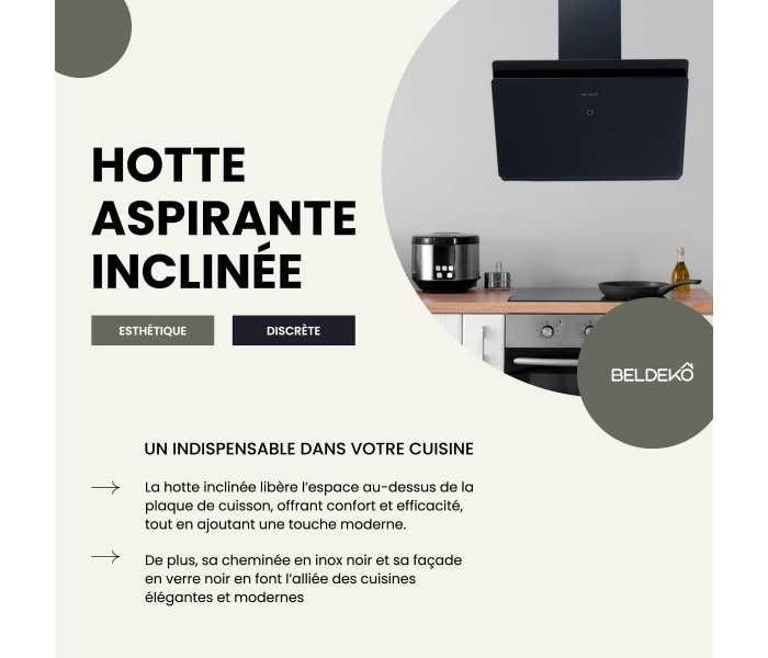 Hotte 60 cm, noir, incliné, touche tactile, recyclage, évacuation extérieur, design