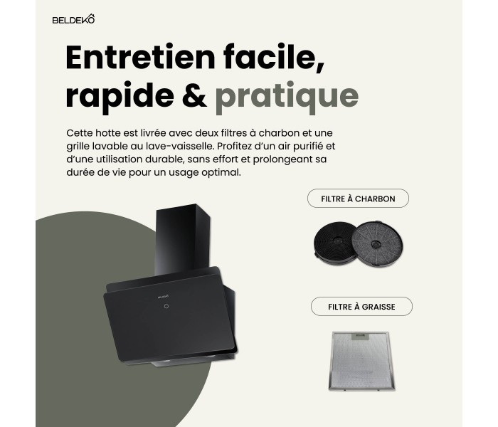 Hotte 60 cm, noir, incliné, touche tactile, recyclage, évacuation extérieur, design