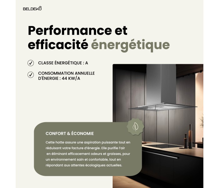 HOTTE ILOT, INOX, VERRE, 90 CM éclairage led, plafond