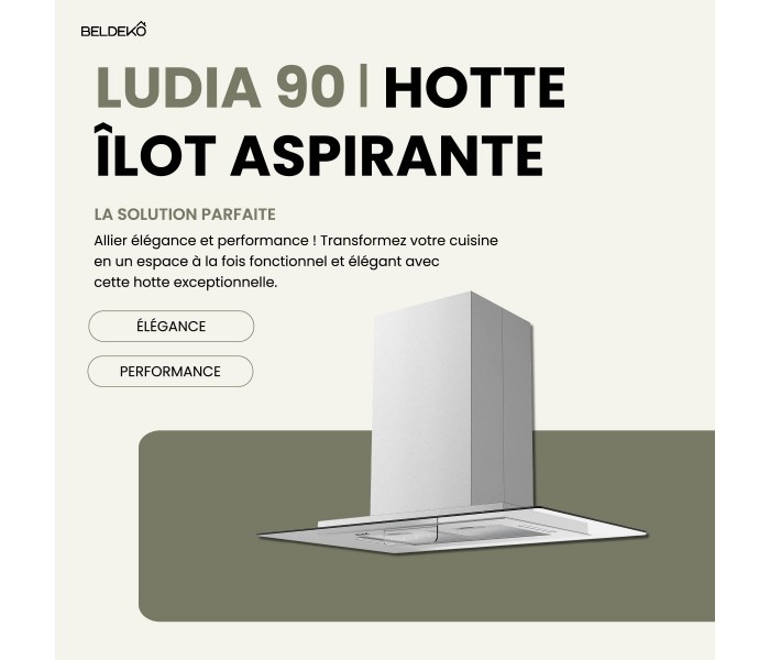 HOTTE ILOT, INOX, VERRE, 90 CM éclairage led, plafond