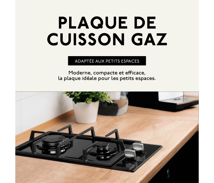 Domino gaz, 2 feux, verre, encastrable, noir, fonte