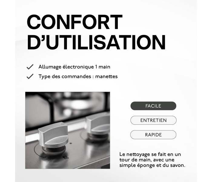 Plaque gaz 4 feux inox, plaque gaz, inox, 4 foyers, encastrable