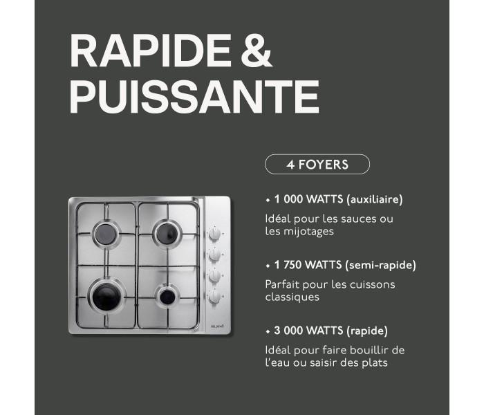 Plaque gaz 4 feux inox, plaque gaz, inox, 4 foyers, encastrable