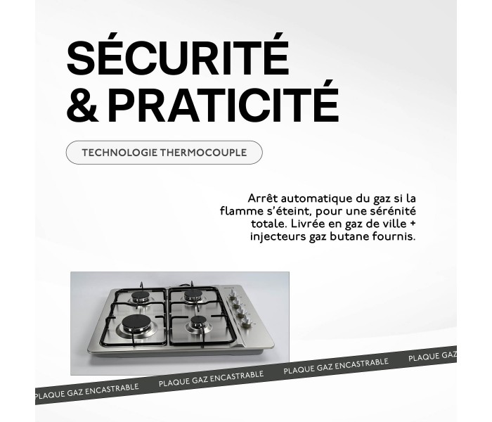 Plaque gaz 4 feux inox, plaque gaz, inox, 4 foyers, encastrable
