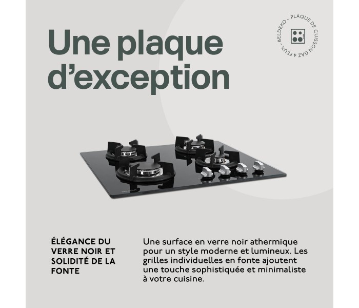 Plaque gaz 4 feux, encastrable, verre, noir, plaque gaz 4 foyers