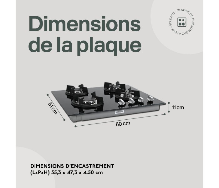 Plaque gaz 4 feux, encastrable, verre, noir, plaque gaz 4 foyers