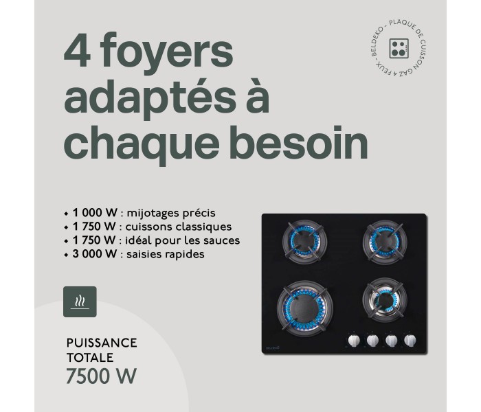 Plaque gaz 4 feux, encastrable, verre, noir, plaque gaz 4 foyers