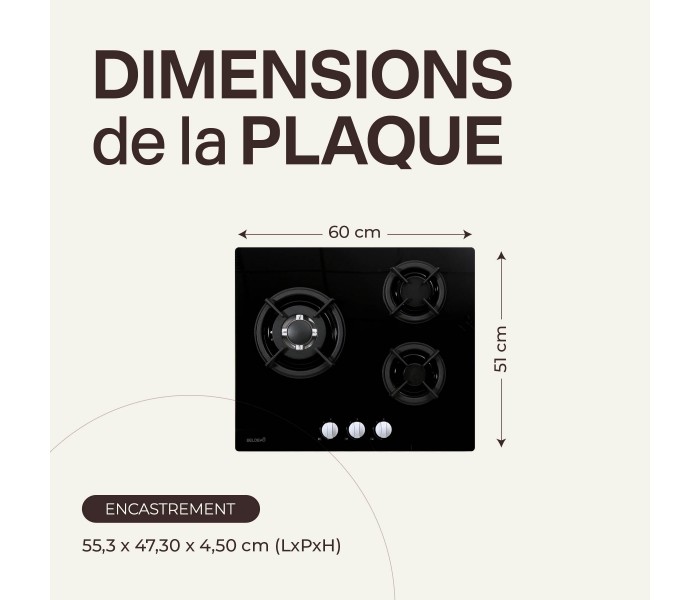 PLAQUE DE CUISSON GAZ 3 FOYERS — DOUBLE COURONNE - VERRE NOIR & FONTE | BELDEKO