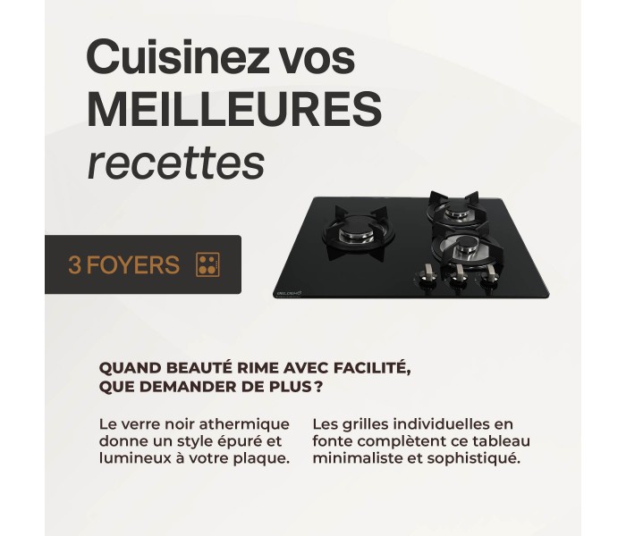 Plaque de cuisson, gaz 3 feux, 3 foyers, verre, noir, double couronne