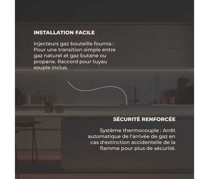 Plaque de cuisson, gaz 3 feux, 3 foyers, verre, noir, double couronne