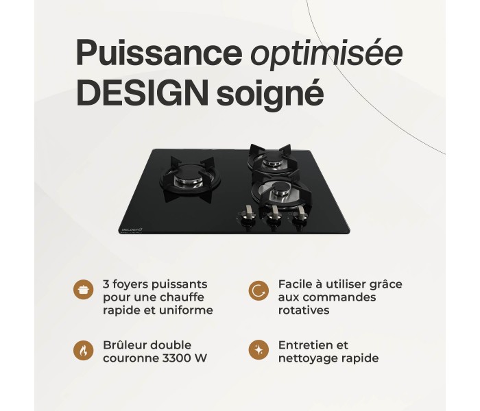 Plaque de cuisson, gaz 3 feux, 3 foyers, verre, noir, double couronne