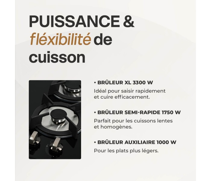Plaque de cuisson, gaz 3 feux, 3 foyers, verre, noir, double couronne