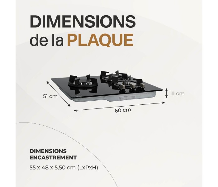 Plaque de cuisson, gaz 3 feux, 3 foyers, verre, noir, double couronne