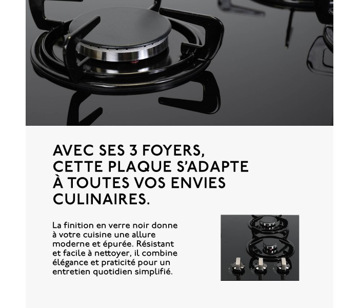 Plaque gaz, encastrable, 3 feux, 3 foyers, verre noir,