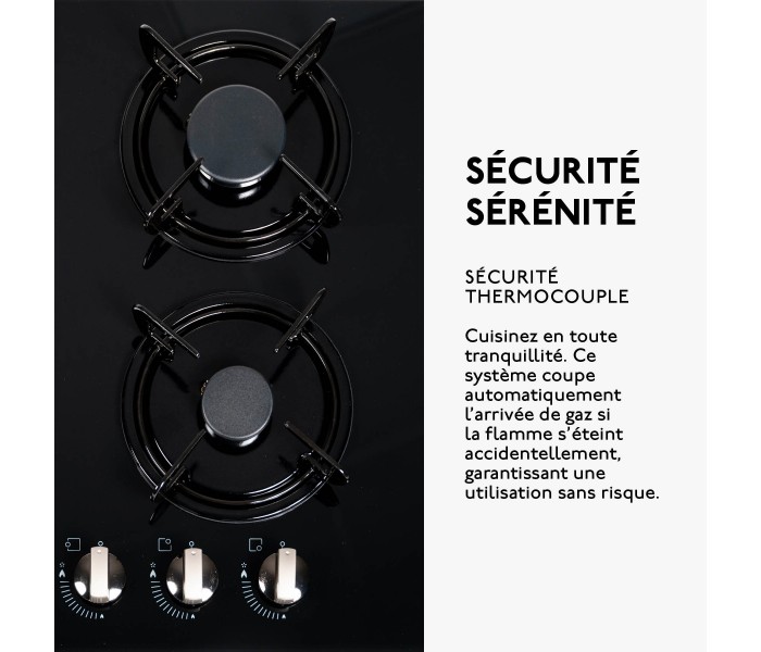 Plaque gaz, encastrable, 3 feux, 3 foyers, verre noir,