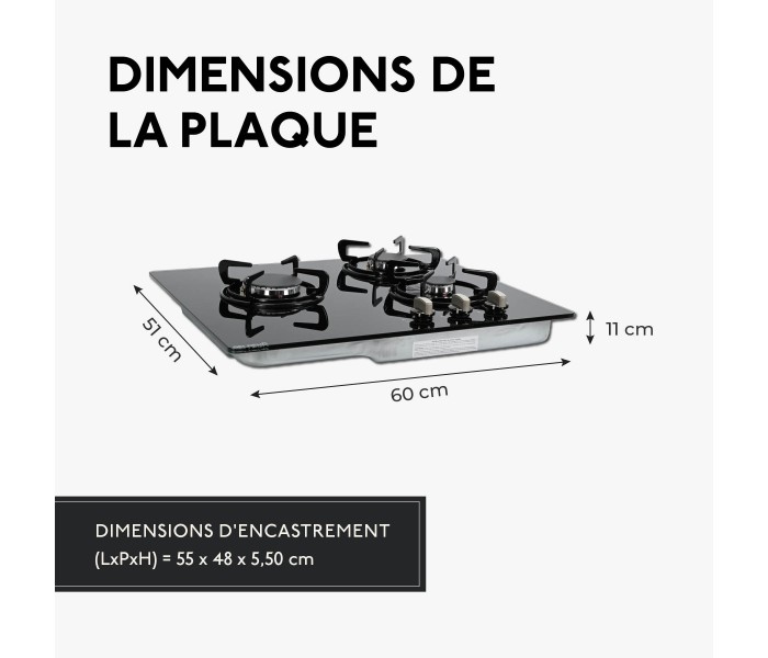 Plaque gaz, encastrable, 3 feux, 3 foyers, verre noir,