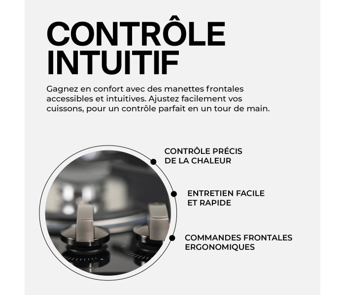 Plaque gaz 4 feux verre noir encastrable, double couronne, fonte